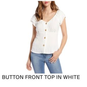 June & Hudson short sleeve, front button top with pleated shoulder/sleeves